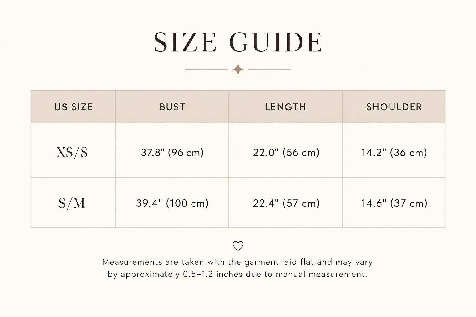 Size guide chart for clothing with US size, bust, length, and shoulder measurements.