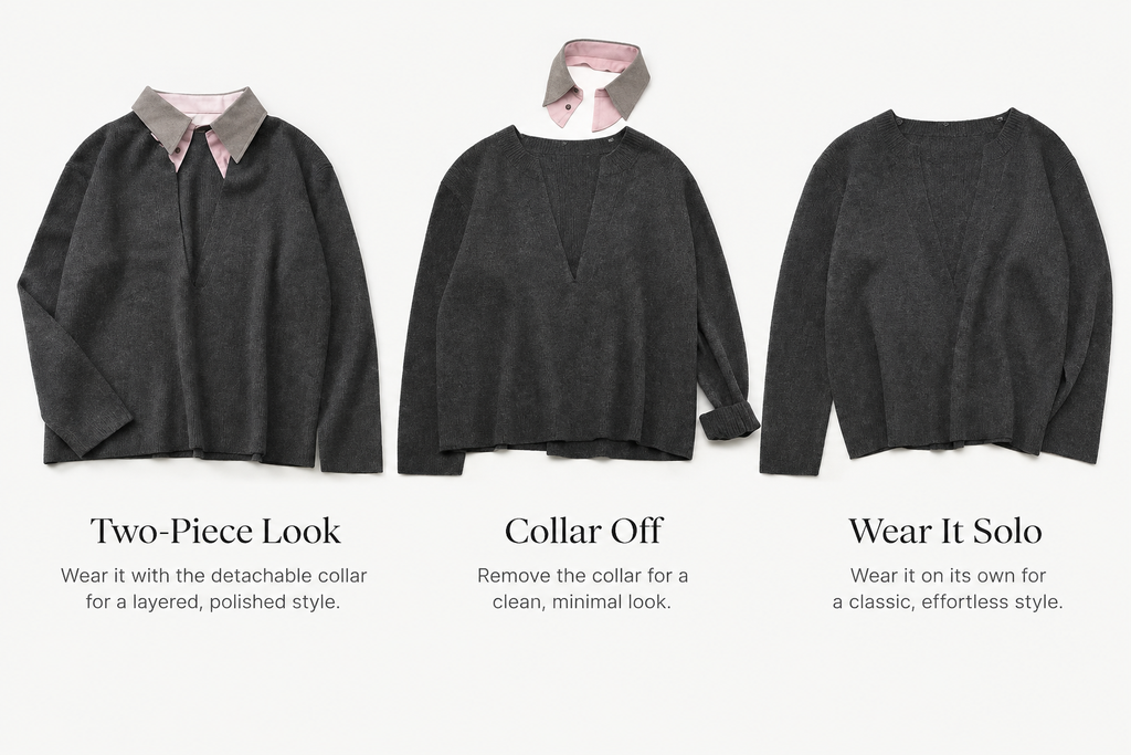 100% Cashmere V-Neck Sweater with Removable Collar