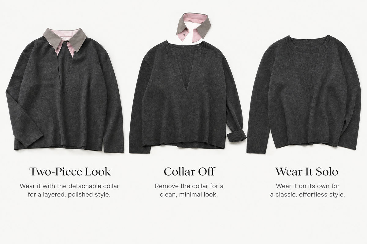 100% Cashmere V-Neck Sweater with Removable Collar